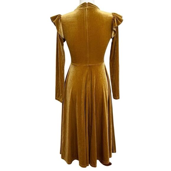 IVY CITY La La Lady Gold Velvet Holiday Midi Dress Long Sleeve Size Small - Picture 2 of 5